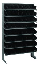 The Quantum Pick Rack is a sloped, single-sided metal storage rack (12D x 36W x 60H) with a 400 lbs. capacity, featuring eight shelves with 64 QSB101 black bins. Made of galvanized steel, it is ideal for organizing small parts or tools, standing sturdily on two legs.
