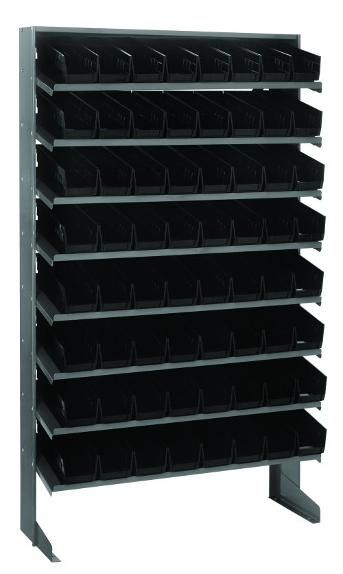 The Quantum Pick Rack is a sloped, single-sided metal storage rack (12D x 36W x 60H) with a 400 lbs. capacity, featuring eight shelves with 64 QSB101 black bins. Made of galvanized steel, it is ideal for organizing small parts or tools, standing sturdily on two legs.