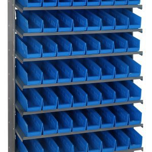 The Quantum Pick Rack is a single-sided, sloped shelving unit made of galvanized steel, with an overall size of 12D x 36W x 60H. It supports up to 400 lbs. and includes 8 shelves and 64 QSB101 blue bins for organizing tools, parts, or supplies in workshops or storage areas.