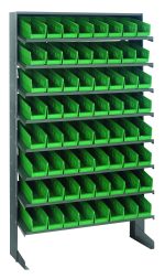 The Quantum Pick Rack features a sloped, single-sided design, measuring 12D x 36W x 60H with a 400 lbs. capacity. Made of galvanized steel, it includes eight shelves and 64 QSB101 green bins, ideal for organizing tools or small parts in workshops or garages.