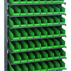 The Quantum Pick Rack features a sloped, single-sided design, measuring 12D x 36W x 60H with a 400 lbs. capacity. Made of galvanized steel, it includes eight shelves and 64 QSB101 green bins, ideal for organizing tools or small parts in workshops or garages.