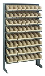 The Quantum Pick Rack, measuring 12D x 36W x 60H, features eight sloped shelves with 64 QSB101 ivory bins. Made of galvanized steel and supporting up to 400 lbs, its ideal for organizing small parts in workshops and industrial settings.