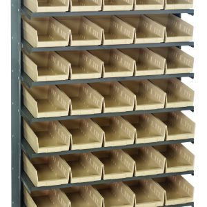 The Quantum Pick Rack is a freestanding, single-sided metal storage solution with a sloped design for easy access. It features eight shelves and 40 QSB102 ivory bins, has a 400 lbs. capacity, and measures 12D x 36W x 60H in galvanized steel for stable organization of small parts or tools.