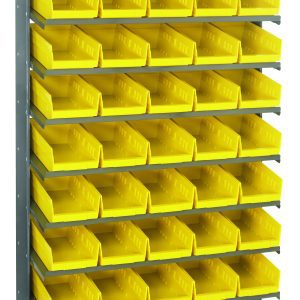 The Quantum Pick Rack is a single-sided, sloped shelving unit made of galvanized steel, measuring 12D x 36W x 60H. It includes eight shelves and forty QSB102 yellow bins, with a capacity of 400 lbs., providing efficient and sturdy freestanding storage solutions.