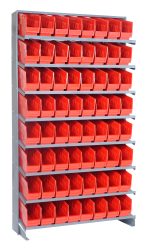 The Pick Rack is a single-sided, 12D x 36W x 63.5H metal shelving unit with eight shelves holding sixty-four QSB201 red bins. Designed for easy access to contents, its open-front sloped layout sits against a plain white background and supports up to 400 lbs.