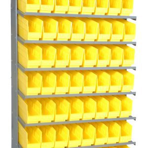 The Pick Rack is a single-sided, sloped organizer made of galvanized steel, measuring 12D x 36W x 63-1/2H. It includes eight shelves and 64 yellow QSB201 bins, perfect for storing tools or small parts in a workshop or garage. Each shelf holds nine bins to keep your space tidy and efficient.