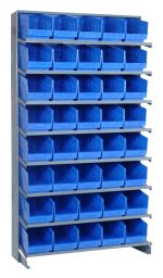 A single-sided pick rack made of galvanized steel measures 12D x 36W x 63-1/2H, holds up to 400 lbs, and includes (8) shelves with (40) QSB202 blue slopped bins for easy access and organized storage.