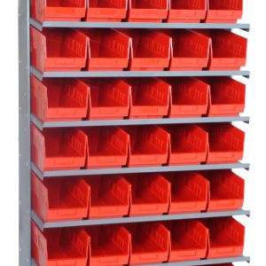 A galvanized steel pick rack features eight sloped shelves with forty QSB202 red bins. Each shelf holds five bins, perfect for organizing small items in workshops or garages. The single-sided setup is 12D x 36W x 63-1/2H and supports up to 400 lbs.