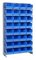 The Pick Rack, a sloped, single-sided metal shelving unit (12D x 36W x 63-1/2H), includes 8 shelves and 32 QSB207 blue bins. It is ideal for efficiently organizing small items with its durable galvanized steel and 400 lbs capacity.
