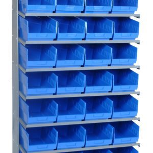 The Pick Rack, a sloped, single-sided metal shelving unit (12D x 36W x 63-1/2H), includes 8 shelves and 32 QSB207 blue bins. It is ideal for efficiently organizing small items with its durable galvanized steel and 400 lbs capacity.