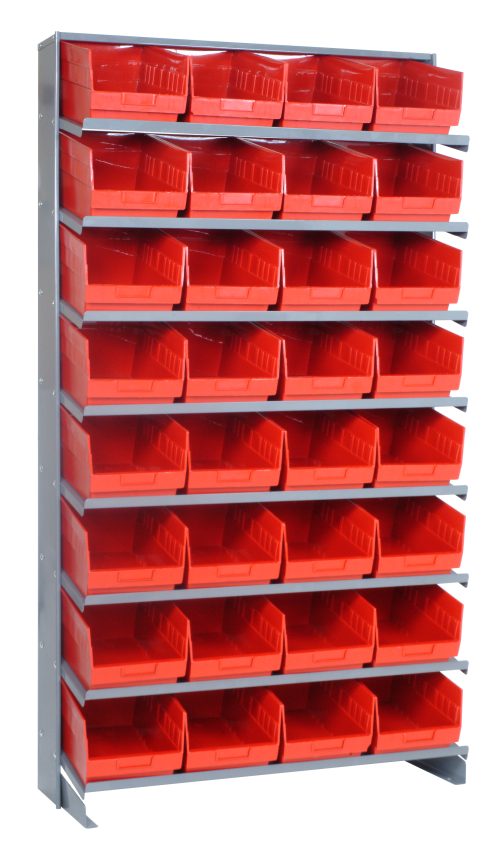 This Pick Rack is a sloped, single-sided unit made of galvanized steel, measuring 12D x 36W x 63-1/2H. It includes eight shelves with 32 QSB207 red bins and has a capacity of 400 lbs., providing optimal storage and organization against a crisp white background.