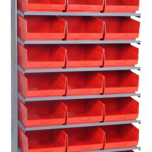 The Pick Rack is a sloped, single-sided storage unit with dimensions of 12D x 36W x 63-1/2H. It includes eight shelves and 24 QSB209 red bins, perfect for organizing small parts. Made of galvanized steel, it has a strong capacity of 400 lbs., ensuring efficient storage and easy access to essentials.