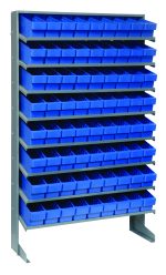 This freestanding gray pick rack, measuring 12D x 36W x 63.5H, has a capacity of 400 lbs. and includes eight shelves with seven rows of neatly arranged QED501 blue bins. The galvanized steel unit holds a total of 72 bins, providing ample storage space.