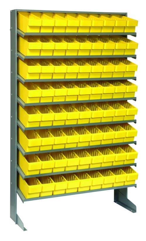 A galvanized steel, single-sided Pick Rack stands on a flat base, featuring 8 sloped shelves with 72 QED501 yellow bins for organizing small parts or tools in a workshop. The shelving unit measures 12D x 36W x 63-1/2H and supports up to 400 lbs.