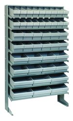 The single-sided pick rack measures 12D x 36W x 63-1/2H, holds up to 400 lbs., and features eight shelves with a galvanized steel frame, including an array of gray bins: (18) QED501, (12) QED601, (8) QED701, and (6) QED801 for efficient organization.