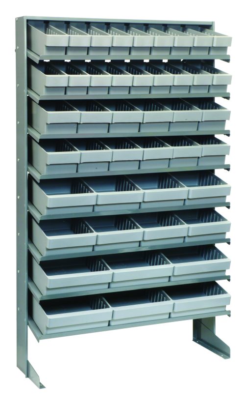 The single-sided pick rack measures 12D x 36W x 63-1/2H, holds up to 400 lbs., and features eight shelves with a galvanized steel frame, including an array of gray bins: (18) QED501, (12) QED601, (8) QED701, and (6) QED801 for efficient organization.