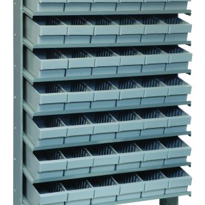 The single-sided Pick Rack, measuring 63-1/2H x 36W x 12D, features eight sloped shelves with a total of 48 gray plastic bins (model QED601), ideal for efficiently organizing small items up to a capacity of 400 lbs. Made from galvanized steel.