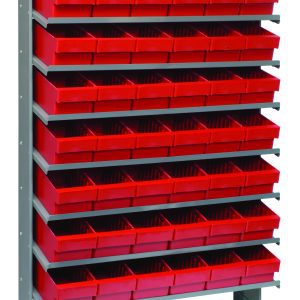 The Pick Rack is a freestanding, single-sided sloped shelving unit made of galvanized steel, measuring 12D x 36W x 63-1/2H. It includes eight shelves with 48 QED601 red bins, ideal for small item storage and can support up to 400 lbs.