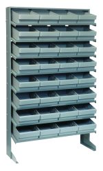 The Pick Rack is a durable, single-sided organizer made of galvanized steel, measuring 12D x 36W x 63-1/2H. It features eight shelves with 32 QED701 gray bins and can hold up to 400 lbs, ideal for efficient small item storage.