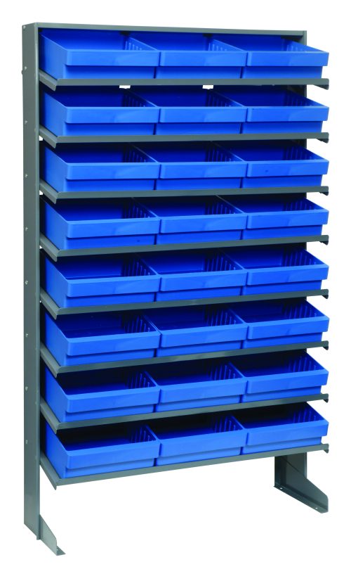 The Pick Rack, made of galvanized steel, measures 12D x 36W x 63-1/2H with a capacity of 400 lbs. It has eight sloped shelves and comes with 24 QED801 blue bins, arranged three per row for enhanced convenience and style against a clean white backdrop.