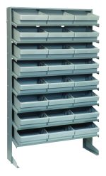 A gray, single-sided Pick Rack with 8 sloped shelves, each holding 3 open-top QED801 gray bins for easy access. Made from galvanized steel, it measures 12D x 36W x 63-1/2H and has a sturdy capacity of 400 lbs. Ideal for organizing small items.