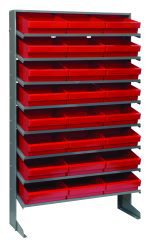 The freestanding Pick Rack features a 400 lbs. capacity, measuring 12D x 36W x 63-1/2H. It is single-sided, slopped, with eight evenly spaced shelves and includes 24 uniform-sized QED801 red bins for efficient small-item organization. Constructed from galvanized steel.