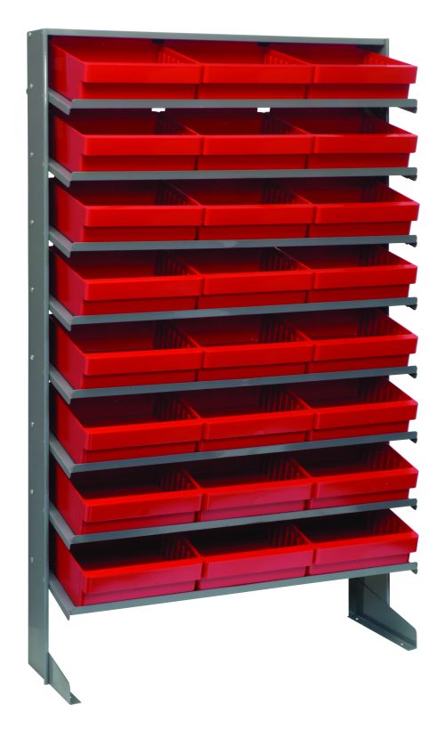 The freestanding Pick Rack features a 400 lbs. capacity, measuring 12D x 36W x 63-1/2H. It is single-sided, slopped, with eight evenly spaced shelves and includes 24 uniform-sized QED801 red bins for efficient small-item organization. Constructed from galvanized steel.