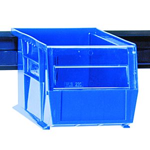 A gray powder-coated steel wall rail, measuring 48L x 5/8W x 3H, supports up to 125 lbs and accepts various bin configurations for versatile storage. Bins are sold separately and evenly mount on the rail.