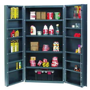 The Quantum Heavy-Duty 36 Cabinet, with a 14-gauge all-welded construction and gray powder-coated finish, features adjustable interior shelves (800 lb. capacity each) and door shelves (60 lb. capacity each), ideal for storing tools, paint cans, small essentials like tapes, and spray cans.