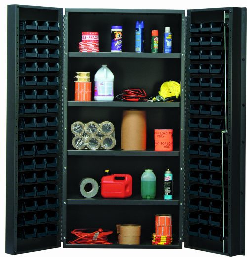 QSC-36-96-4IS_BK.jpg The Quantum Heavy-Duty 36 Bin Cabinet features a robust 14-gauge all-welded construction with dimensions of 36W x 24D x 72H and an interior shelf capacity of 800 lbs. When open, it reveals organized items like bottles and tape on the shelves, plus (32) QUS232 black bins on the compartmentalized door interiors.