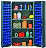 The Quantum Heavy-Duty 36 Bin Cabinet, measuring 36W x 24D x 72H, features a gray powder-coated finish and is equipped with 32 blue Qus232 bins. Its perfectly organized, fully stocked with cleaning supplies, assorted items, and supports an 800 lb capacity per interior shelf.