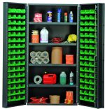 The Quantum Heavy-Duty 36 Bin Cabinet, measuring 36W x 24D x 72H, features an 800 lb. capacity per interior shelf and includes open doors with rows of small green bins for organizing tools like cans, bottles, tape rolls, a red container, and cords neatly inside.