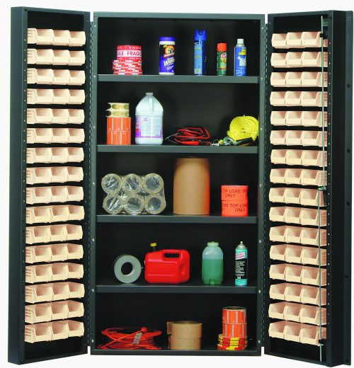 The Quantum Heavy-Duty 36 Bin Cabinet, with robust 14 gauge all-welded construction and a gray powder-coated finish, houses items like cans, spray bottles, and more on its door shelves with small empty bins. Inside are cleaning supplies, tape rolls, containers, rope, and a red gas can.