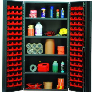 The Quantum Heavy-Duty 36 Bin Cabinet, measuring 36W x 24D x 72H, features a gray powder-coated finish and includes (32) Qus232 red bins. It houses shelves stocked with spray cans, bottles, twine, tape rolls, and an orange canister, each interior shelf supporting up to 800 lbs.