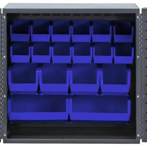 A gray Quantum Heavy-Duty 36 Bin Cabinet features a robust 14 gauge all welded construction and open doors. Inside, you find blue bins: (24) QUS210, (24) QUS220, (12) QUS230, (4) QUS240, and (2) QUS250, some nestled within the cabinet and others affixed to the inner door panels.