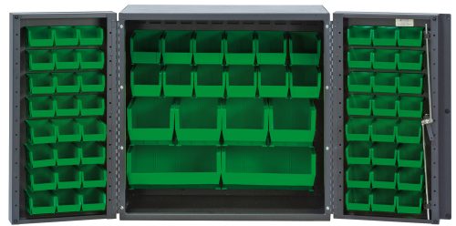 QSC-36-MIN_GN.jpg The Quantum Heavy-Duty 36 Bin Cabinet features two open doors with an arrangement of green plastic bins, including (24) QUS210, (24) QUS220, (12) QUS230, (4) QUS240, and (2) QUS250 bins. Perfect for efficient organization of small tools or items.