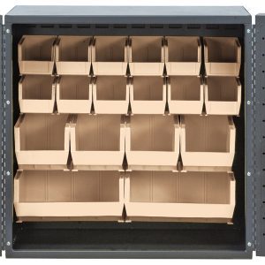 This Quantum Heavy-Duty 36 Bin Cabinet, made from 14-gauge all-welded construction, includes a variety of ivory bins: (24) QUS210, (24) QUS220, (12) QUS230, (4) QUS240, and (2) QUS250. It features organized compartments for efficient storage, all in a gray powder-coated finish.