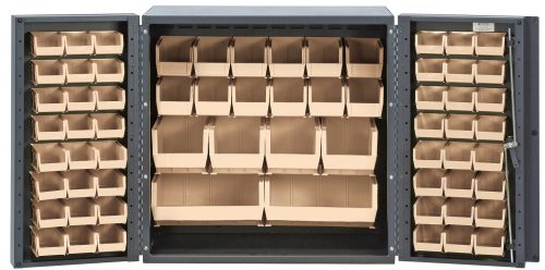 This Quantum Heavy-Duty 36 Bin Cabinet, made from 14-gauge all-welded construction, includes a variety of ivory bins: (24) QUS210, (24) QUS220, (12) QUS230, (4) QUS240, and (2) QUS250. It features organized compartments for efficient storage, all in a gray powder-coated finish.