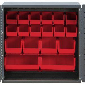 The Quantum Heavy-Duty 36 Bin Cabinet, measuring 36W x 24D x 36H, reveals open doors with rows of red bins for organization. This gray powder-coated cabinet includes (24) QUS210, (24) QUS220, (12) QUS230, (4) QUS240, and (2) QUS250 bins against a plain background.