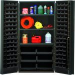 The Quantum Heavy-Duty Bin Cabinet features a robust 14-gauge all-welded construction and measures 36W x 24D x 72H. It includes three adjustable shelves and black bins, perfect for storing items like cleaning products, a red gas can, and an orange extension cord.