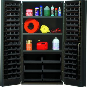 The Quantum Heavy-Duty Bin Cabinet features a robust 14-gauge all-welded construction and measures 36W x 24D x 72H. It includes three adjustable shelves and black bins, perfect for storing items like cleaning products, a red gas can, and an orange extension cord.