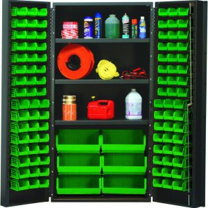 The Quantum Heavy-Duty 36 Bin Cabinet features open doors with three adjustable shelves, each supporting up to 800 lb. Its 14-gauge all-welded construction includes 16 QUS232, 16 QUS236, and six QUS250 green bins for organizing items like spray cans, cleaning supplies, and a hose reel.