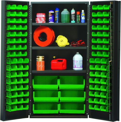 The Quantum Heavy-Duty 36 Bin Cabinet features open doors with three adjustable shelves, each supporting up to 800 lb. Its 14-gauge all-welded construction includes 16 QUS232, 16 QUS236, and six QUS250 green bins for organizing items like spray cans, cleaning supplies, and a hose reel.
