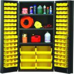 The Quantum Heavy-Duty 36 Bin Cabinet, measuring 36W x 24D x 72H with an 800 lb. capacity per shelf, contains various yellow bins and securely organizes tools like spray cans, bottles, a red gasoline container, and a yellow rope coil. It features all-welded construction and a gray powder-coated finish.