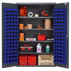 The Quantum Heavy-Duty 48 Bin Cabinet, measuring 48W x 24D x 78H and offering a 400 lb. capacity per interior shelf, has open doors showcasing tools, supplies, a red toolbox, cleaning supplies, paper towels, and a red gas can. It features four adjustable shelves and 128 QUS210 blue bins for organizing essentials.