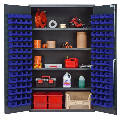 The Quantum Heavy-Duty 48 Bin Cabinet, measuring 48W x 24D x 78H and offering a 400 lb. capacity per interior shelf, has open doors showcasing tools, supplies, a red toolbox, cleaning supplies, paper towels, and a red gas can. It features four adjustable shelves and 128 QUS210 blue bins for organizing essentials.