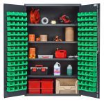 The Quantum Heavy-Duty 48 Bin Cabinet features an all-welded, 14-gauge construction with a gray powder-coated finish. It measures 48W x 24D x 78H and has open doors displaying organized shelves, four adjustable shelves, and includes 128 QUS210 green bins for efficient storage.