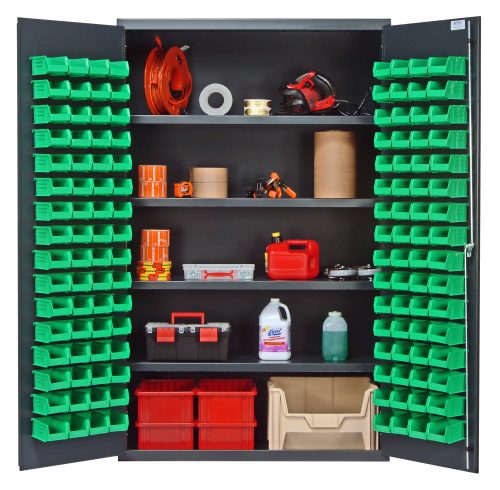 The Quantum Heavy-Duty 48 Bin Cabinet features an all-welded, 14-gauge construction with a gray powder-coated finish. It measures 48W x 24D x 78H and has open doors displaying organized shelves, four adjustable shelves, and includes 128 QUS210 green bins for efficient storage.