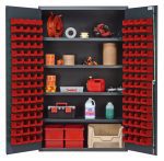 The Quantum Heavy-Duty 48 Bin Cabinet, measuring 48W x 24D x 78H, features a gray powder-coated finish and includes four adjustable shelves. Each shelf has a 400 lb. capacity and comes with 128 Qus210 red bins for organized storage of various items.
