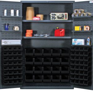 A Quantum Heavy-Duty 48 Bin Cabinet in gray reveals organized shelves with tools, tape, a red gas can, spray paints, and small black bins. Each interior shelf supports 400 lbs., while each door shelf holds 60 lbs. With 14-gauge all-welded construction, this cabinet includes adjustable and door shelves.